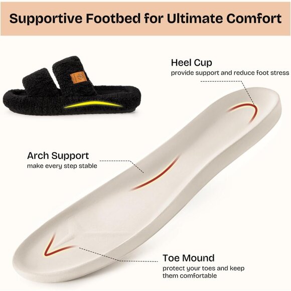 Women's Matt-Black Fuzzy Open-toe Slippers Soft Comfy Foam Indoor House Shoes - Picture 7 of 12